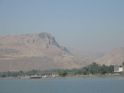 Mount Arbel as seen from the Sea of Galilee.