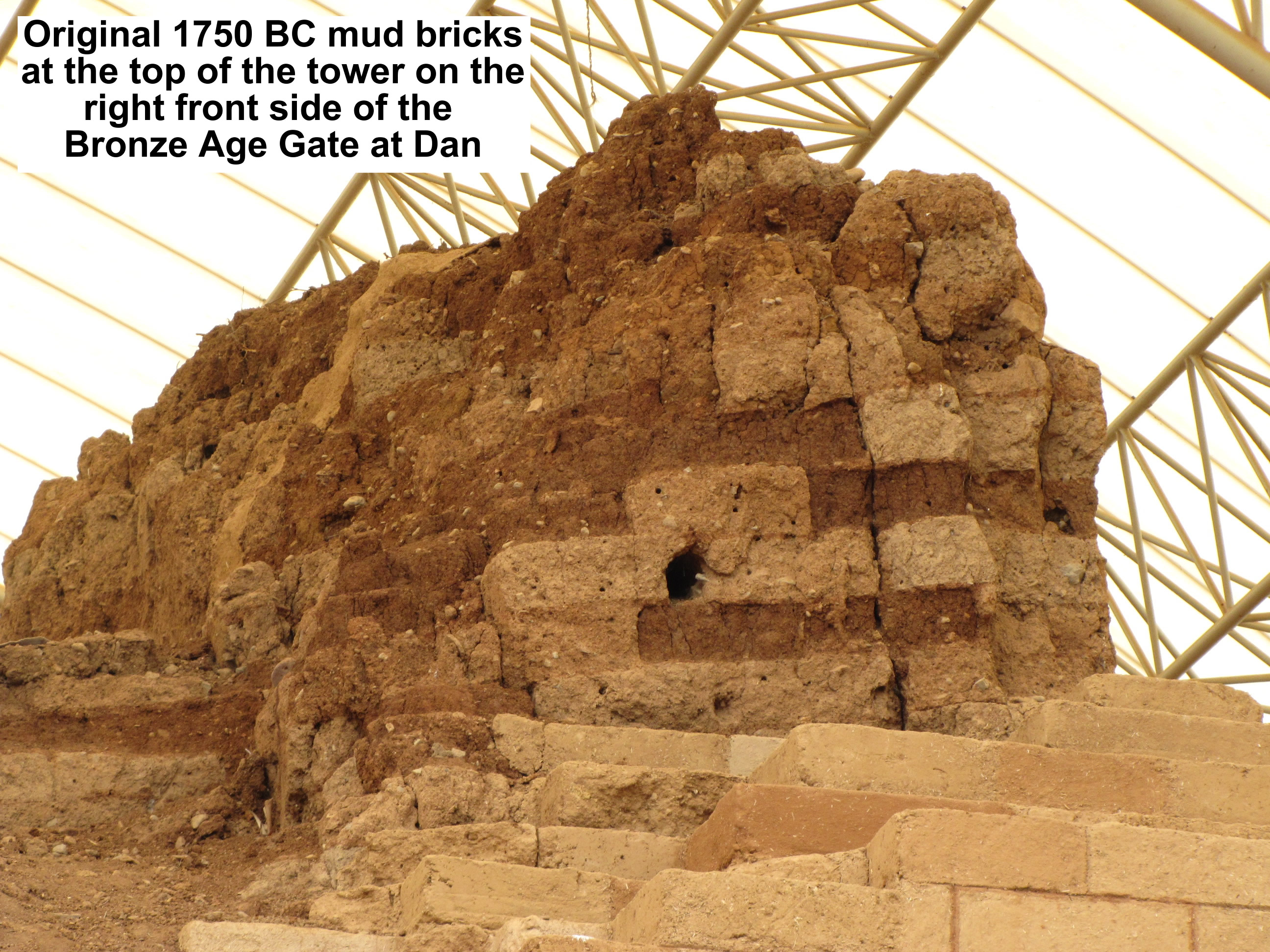 Dan bronze age tower details of original mud bricks at top of tower on right side