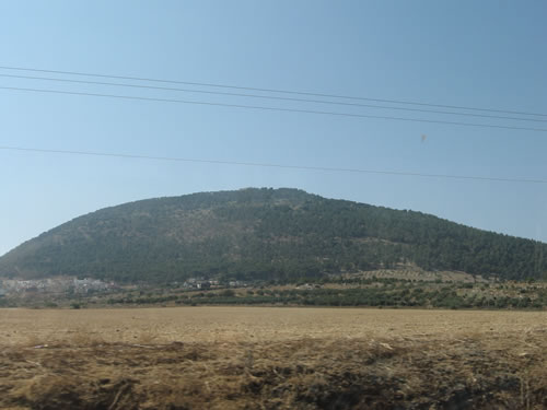 Mt. Tabor as we drive towards the Sea of Galilee from Megiddo and through the Jezreel Valley.