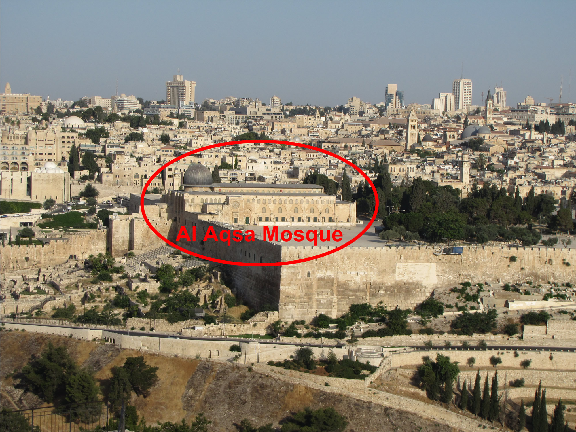 Al Aqsa Mosque seen from the Mount of Olives setting on the Temple Mount