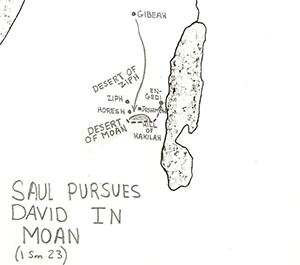 	 	1 Samuel 23  Saul Pursues David in Moan