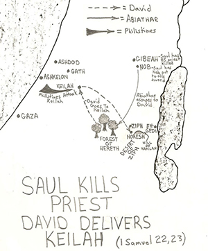 	 	1 Samuel 22, 23  Saul Kills Priest; David Delivers Keilah