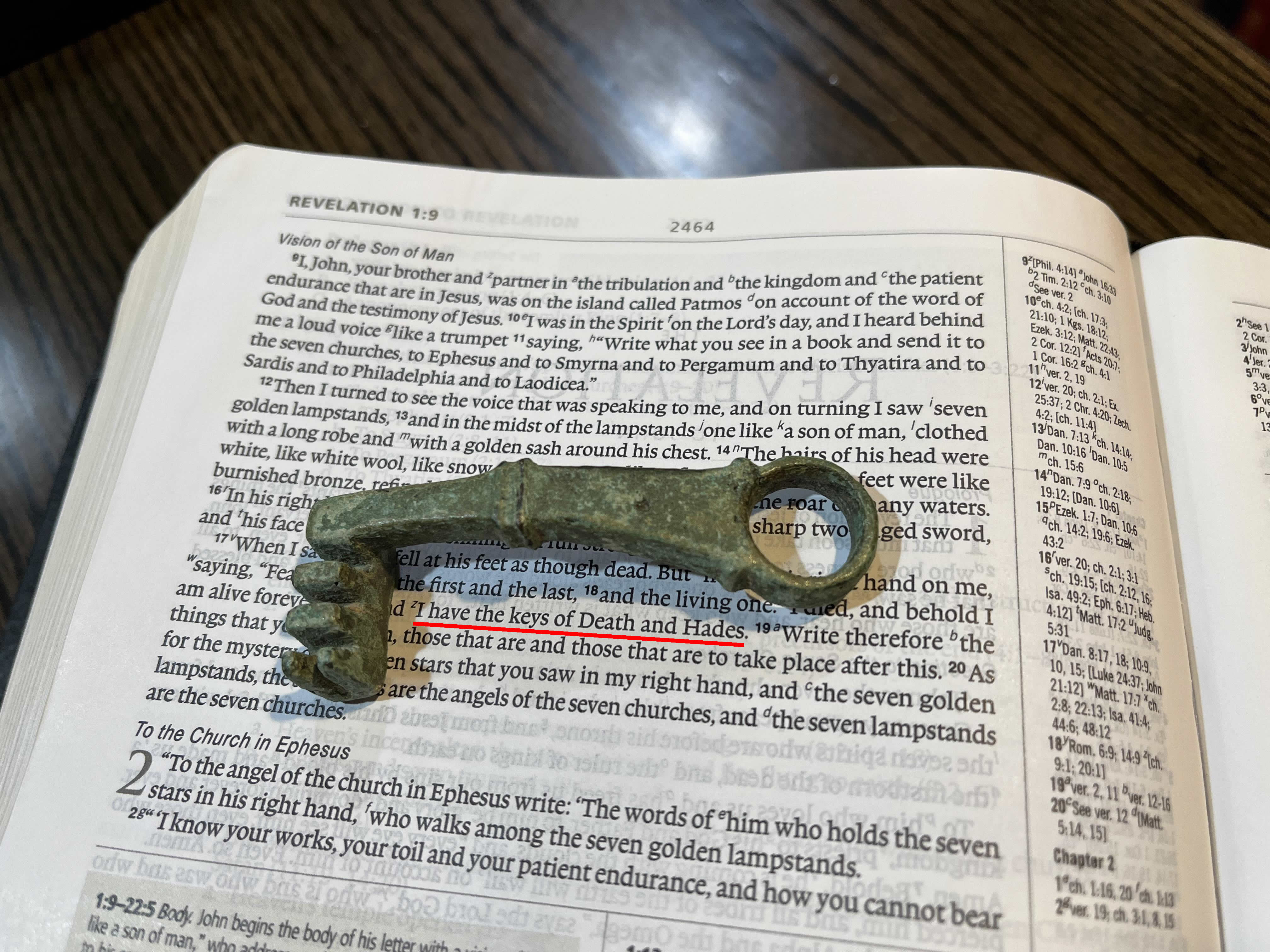 1 250 AD Roman Key four tooth mechanism cast tin lead alloy 10 Bible underlined text Rev 1 18 FULL